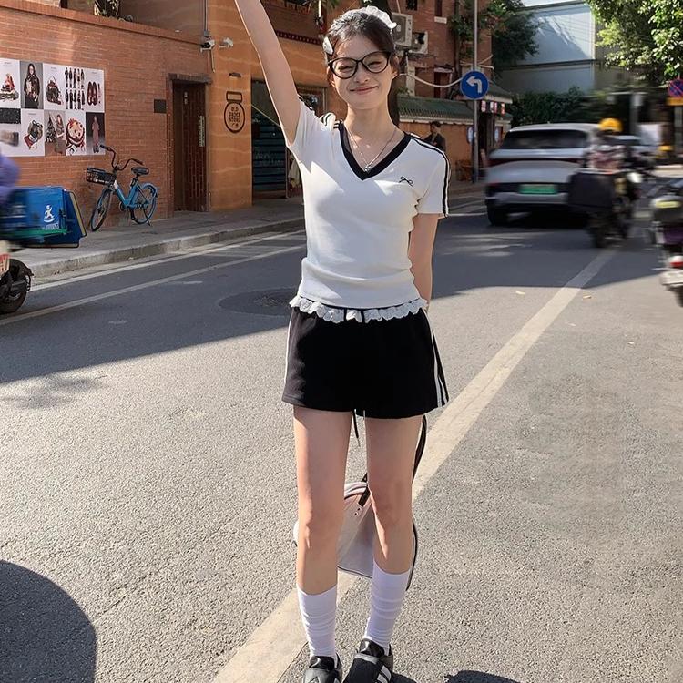 Harajuku Short Sleeve Fashion Pullover Y2k Tops Women's Cotton T Shirt Summer V-Neck Slim Casual T-Shirts for Women