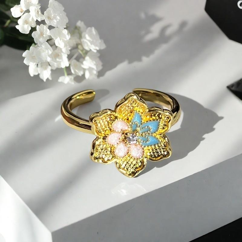 New French Retro Flower Enamel Dripping Open Ring Temperament Light Luxury High Sense Niche Ring