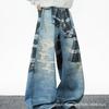 High Street Vintage Ripped Jeans ins Skinny Small Straight Wide Leg Trousers Tide Blue Spot Cotton