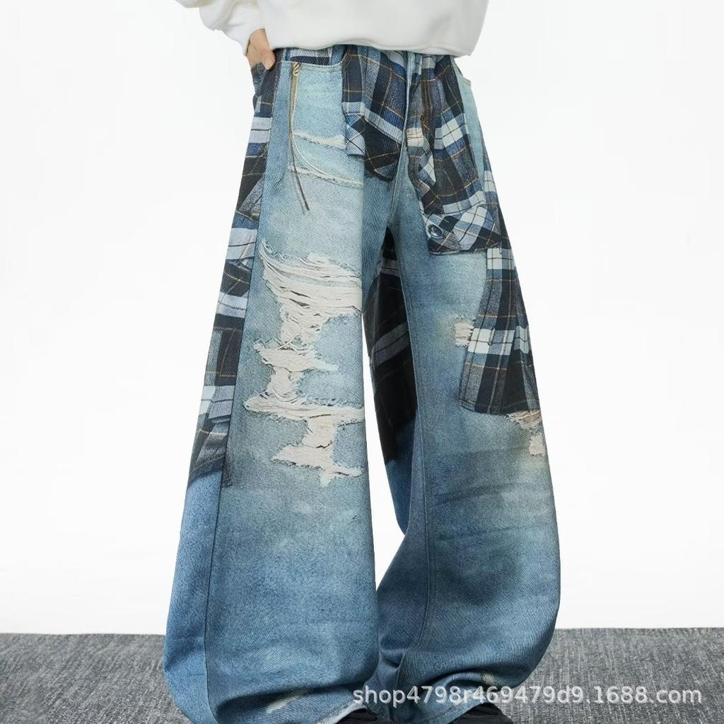 High Street Vintage Ripped Jeans ins Skinny Small Straight Wide Leg Trousers Tide Blue Spot Cotton