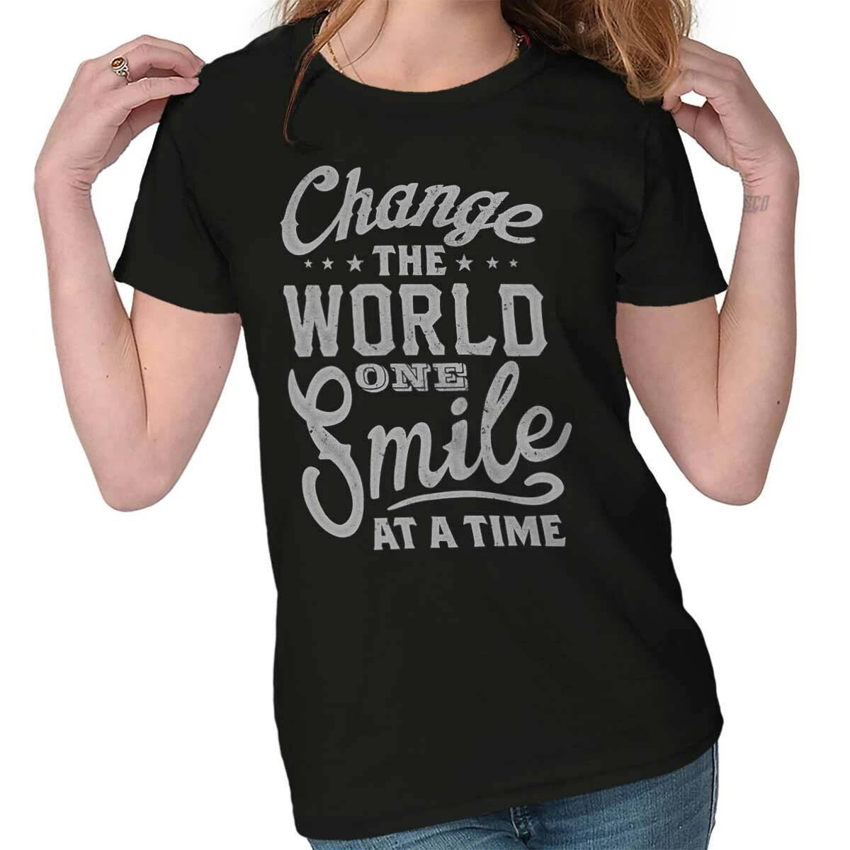 Change The World One Smile At A Time Saying Womens Top Junior Graphic Tee XXL