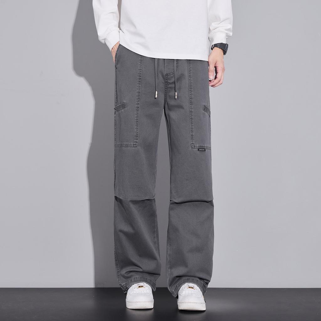 American retro trendy brand splicing tooling casual pants men's trend loose wide-leg straight elastic waist long pants men