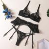Black Bow Embroidered Sexy Lingerie 3Pcs Sets Woman Mesh See Through Bra Brief Garters Underwear Sets Sensual Tempt Onlyfans Kit