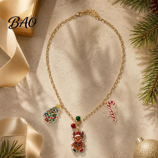 Holiday Theme Necklace Christmas Charms for Women, Cute Elk Tree Candy Cane Alloy with Bells, Festive Jewelry Party Outfit