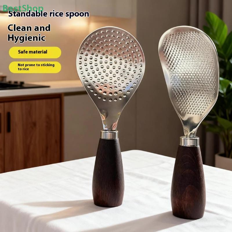 Stainless Steel Wooden Handle Vertical Rice Shovel Non-stick Rice Spoon Kitchen Gadget