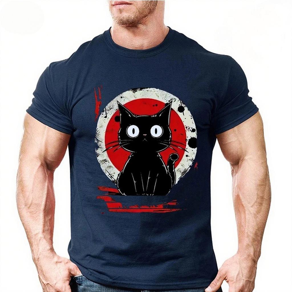 Summer Round Neck 3D Japanese Black Anime Cat Pattern Print Top Fashionable Casual Short Sleeved Men's T-shirts