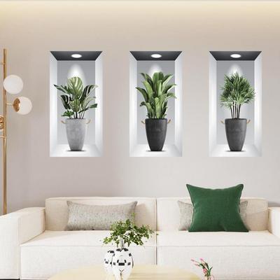 3Pcs Wall Sticker 3D Stereo Creative Greenery Potted Fake Window Wall Stickers Living Room Wall Poster Self-adhesive Home Supply