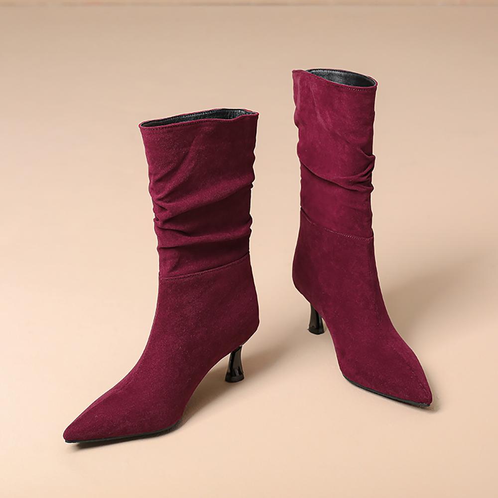 Black Wine Red Women Mid Calf Boots Pointed Toe Mid Heel Small Big Size 32 48