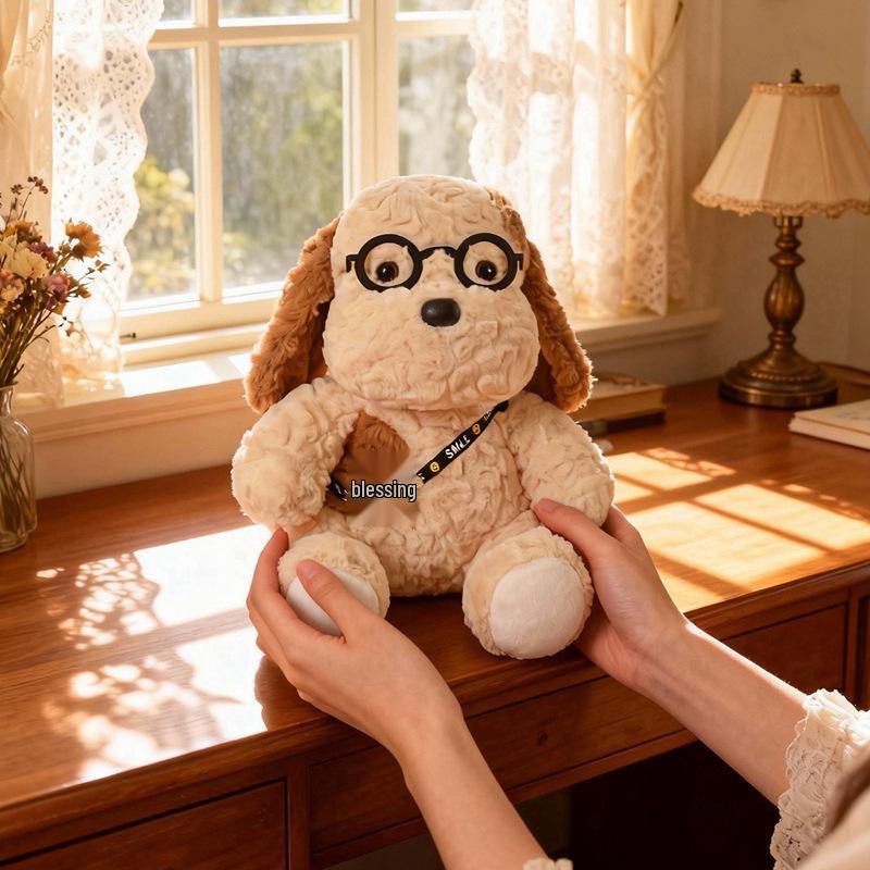 Cute Egg Tart Dog Plush Toy with Glasses - Palm-Sized Cloth Doll for Girls