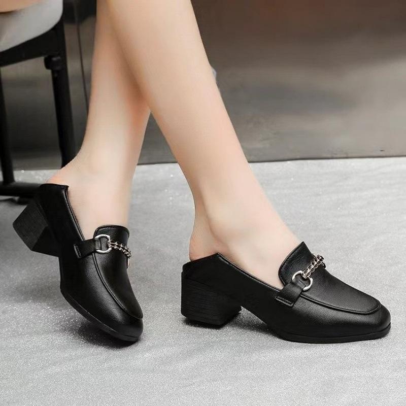 Thick Heel Square Head Single Shoes Women's Leather Shoes British Style Spring and Autumn One Pedal Loafers One Shoe Two Wear Thick Heel Large Size W