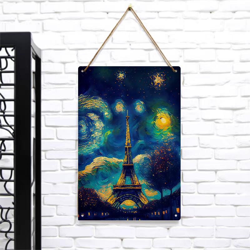 Van Gogh Starry Night Style Eiffel Tower Night Scene Metal Iron Painting Living Room Entrance Decorative Art Hanging Painting 7.9x11.8In(20x30cm)