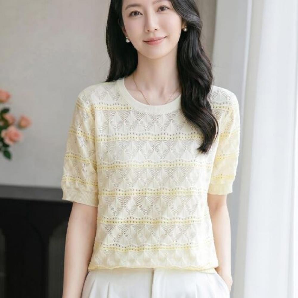 Navava Women Summer Stripe Punching Round Neck Short Sleeve Knit Tee Nk3714