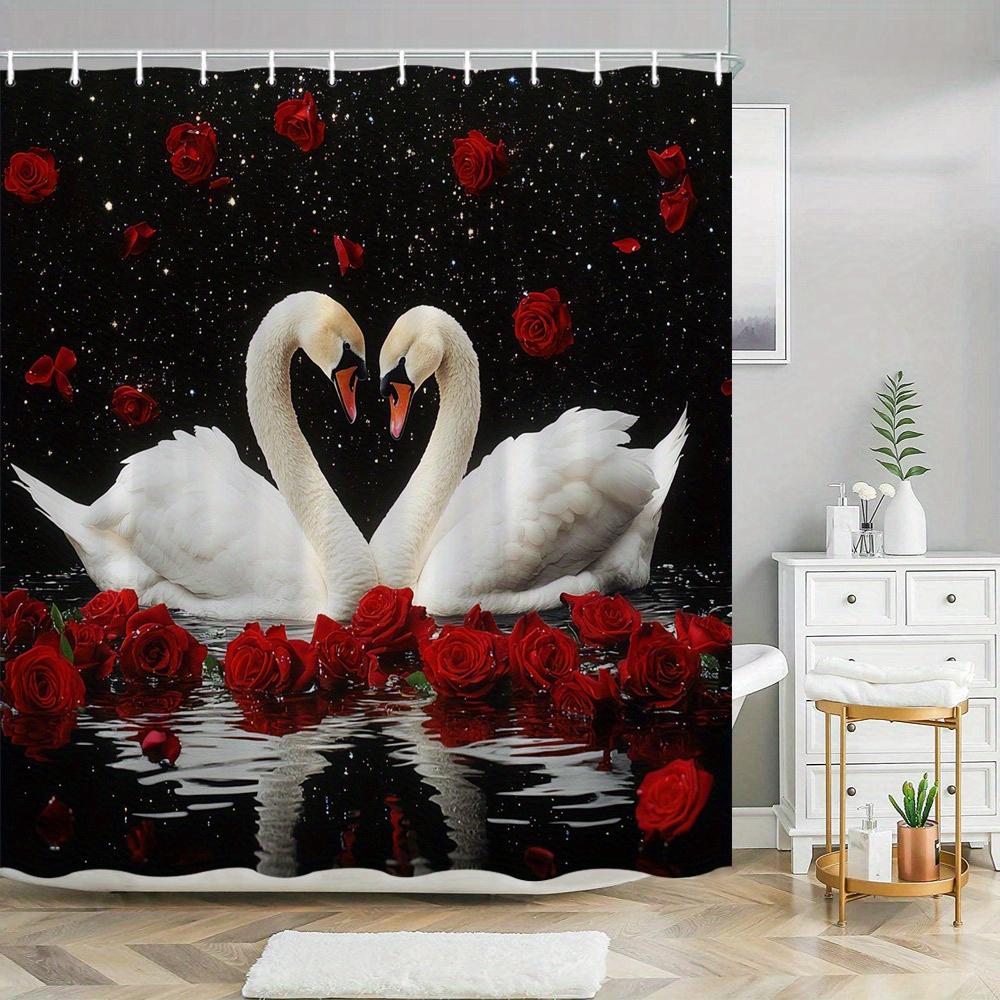 

Romantic Swans With Red Roses Waterproof Shower Curtain For Bathroom Decor, Vibrant Art Design, Unique Style, Modern Fashion W60H190(CM)-1 Pcs