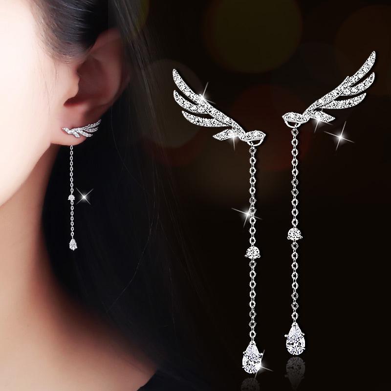 Rhinestone Crystal Angel Wings Tassel Stud Earrings - Fashionable Accessories