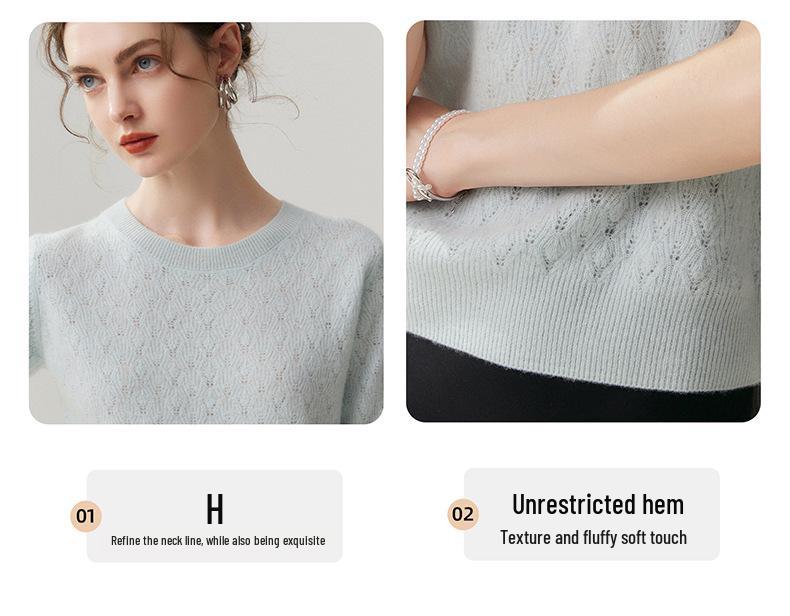 Lekasha 100% Pure Cashmere Round Neck Hollow Knit Short Sleeve T-Shirt