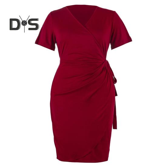 Dámske elegantné šaty s V výstrihom a krátkym rukávom, vysoký pás, bočné šnurovanie, plisované, nadmerná veľkosť, dĺžka po kolená, spoločenské šaty, Streetwear