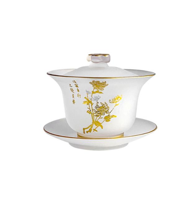 120ml Tea Cups Heat Resistant Glazed Gold Edge Cover Bowl Scholar's Tea Bowl Teacup Sanded Sancai Bowl Kung Fu Justice Cup