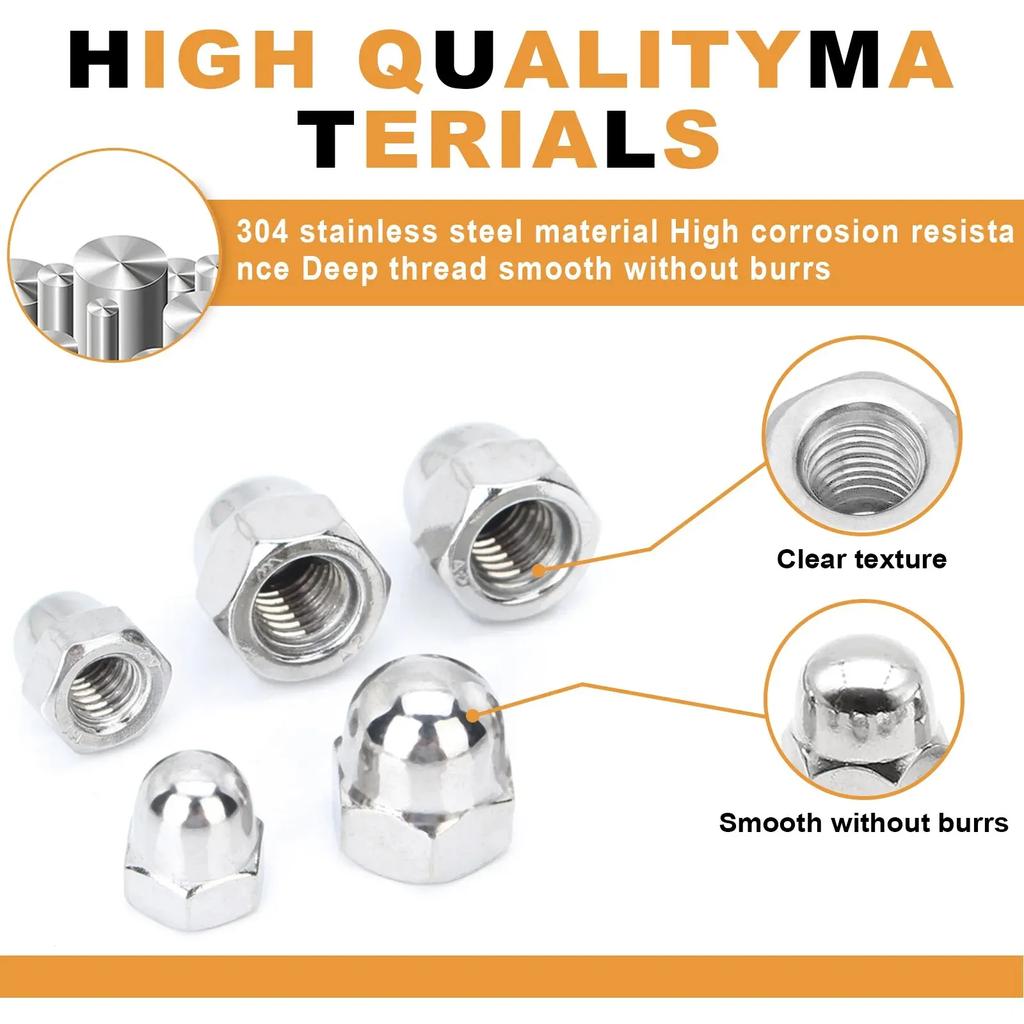 48Pcs Outer Hexagonal Round Head Nuts,304Stainless Steel Acorn Cap Nuts, Suitable For Automotive Tire Installation
