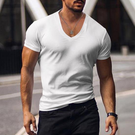 Men T-shirt V-neck Solid Color Sweat Absorption Breathable Extra Soft Dress-up Washable Summer Slim Fit Men Shirt Top for Men