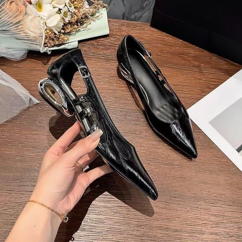 Fashion Cutout Low Heel Single Shoes Women's Pointed Toe Shallow Mouth One Strap Non-Slip Wear-Resistant Block Heel Shoes