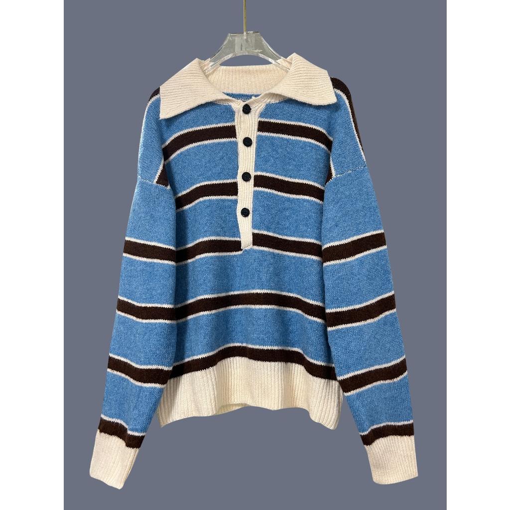 Maglione in Maglia da Donna Invernale Stile Giapponese Retro a Strisce con Mezza Abbottonatura e Colletto Polo, Stile Lento Pigro, Design di Nicchia