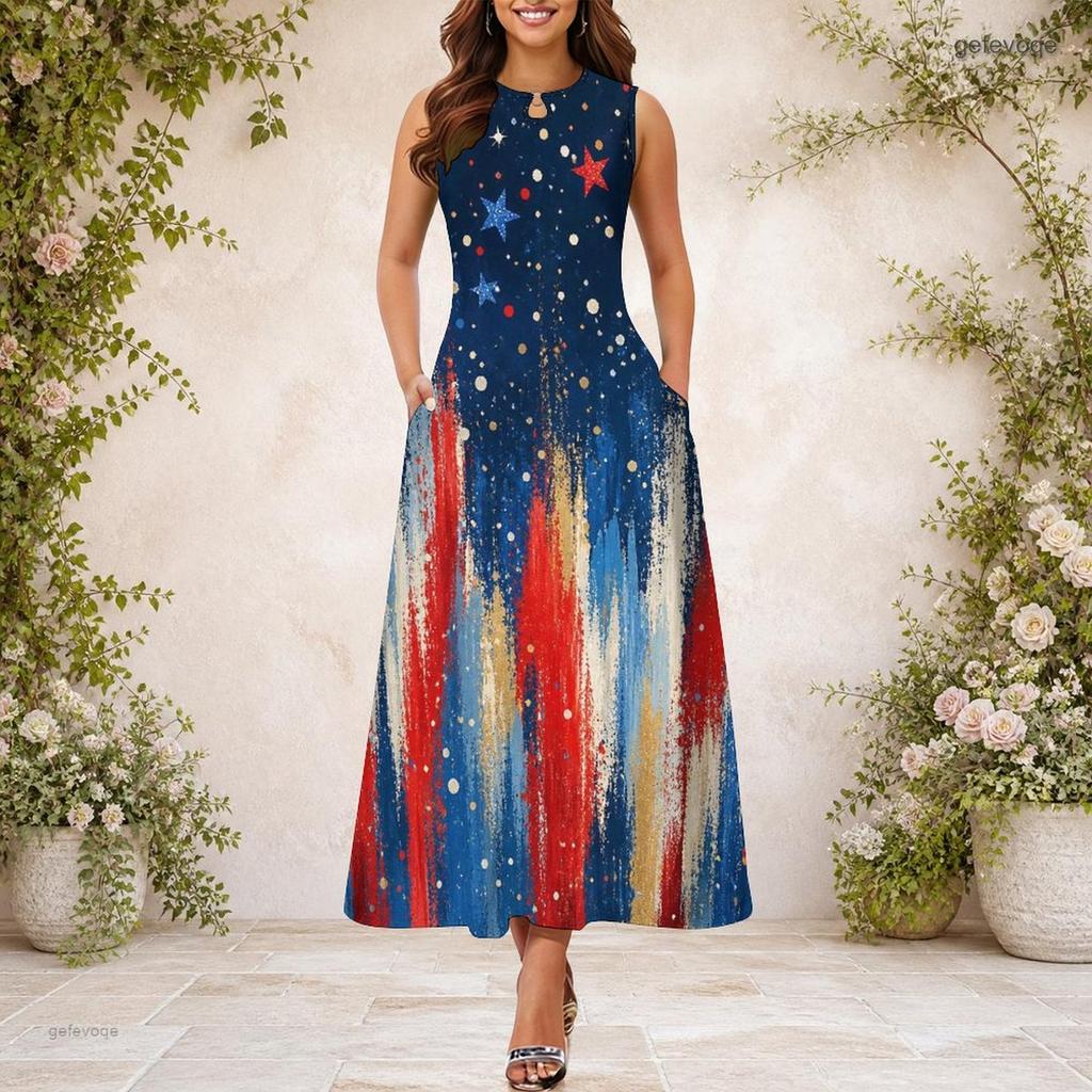 Women Plus Size Keyhole Neck Sleeveless Star Printed A Line Long Dress Red Blue White