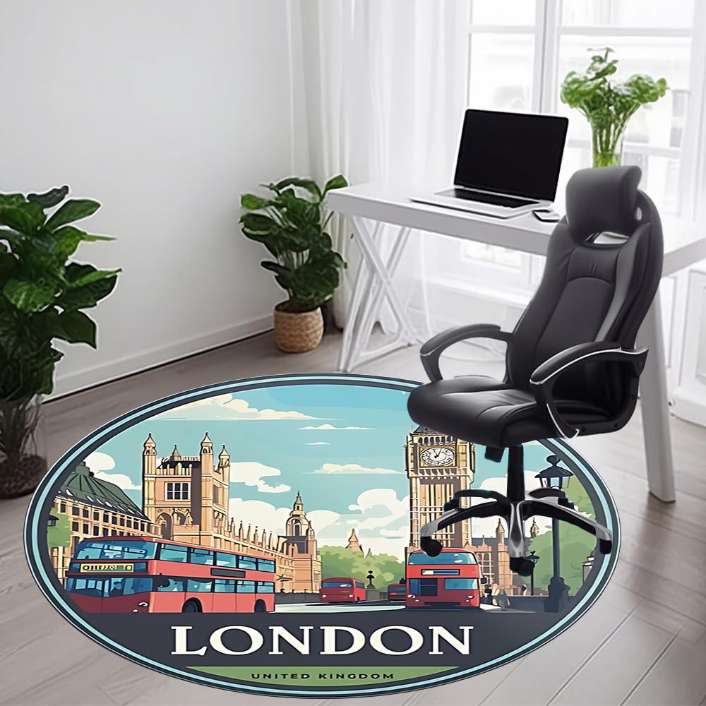 1pc London Bus Office Round Area Rug, Indoor Mat Suitable ForOffice, Under Office Chairs Bedroom Living Room Home Decor, Room Deco, n50