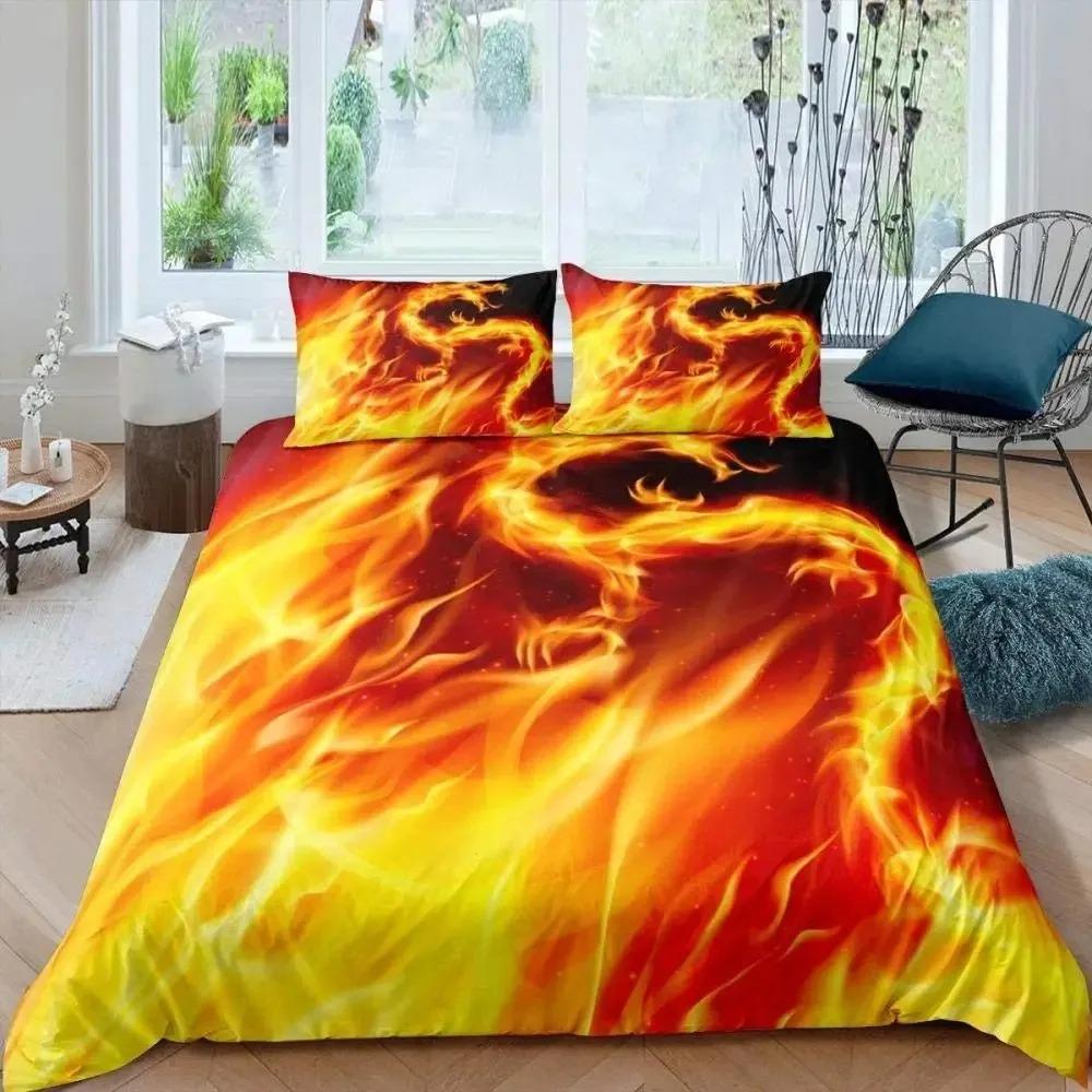 Ice Fire Dragon Duvet Cover Set for Boys Oriental Beast Bedding Set Eastern Auspicious Animals Fairy Tale Comforter Cover