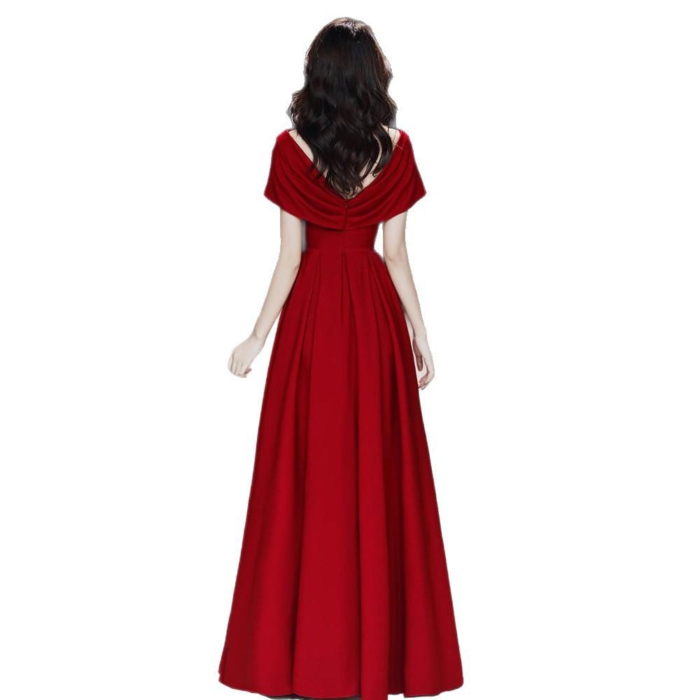 Burgundy Evening Dress Female High-end Banquet Toast Dress Temperament Host Performance Catwalk Red Carpet Dress