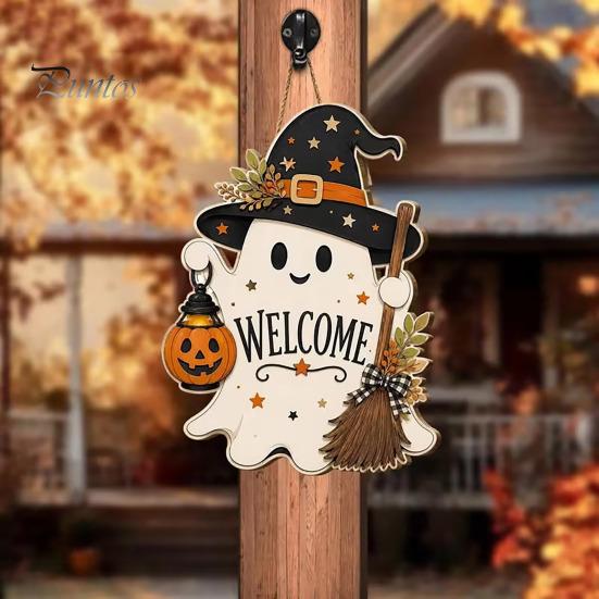 Seasonal Home Accents Halloween Wooden Ghost Welcome Sign for Front Door, Rustic Cartoon Hanging Trick or Treat Plaque with Pumpkin Wizard Hat