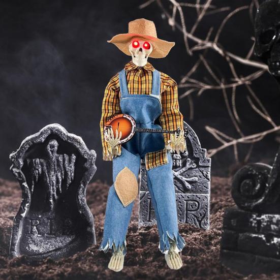 Halloween Skeleton Ornament Animated Country Skeleton Musician Band Banjo Player Statue Farmhouse Style Haunted House Decor 40cm