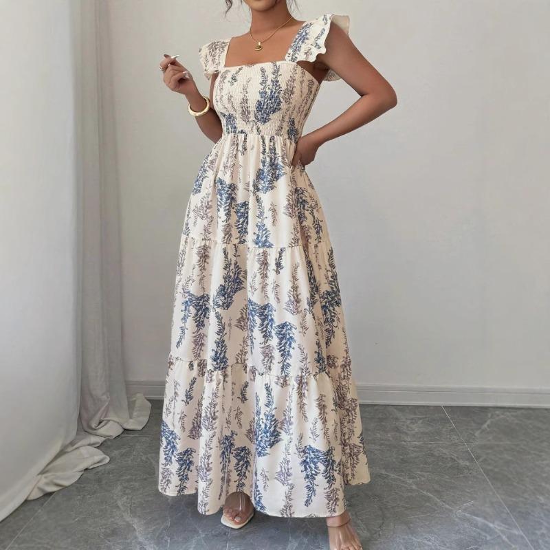 French Square Neck Dress Waist Long Dress European and American New Summer