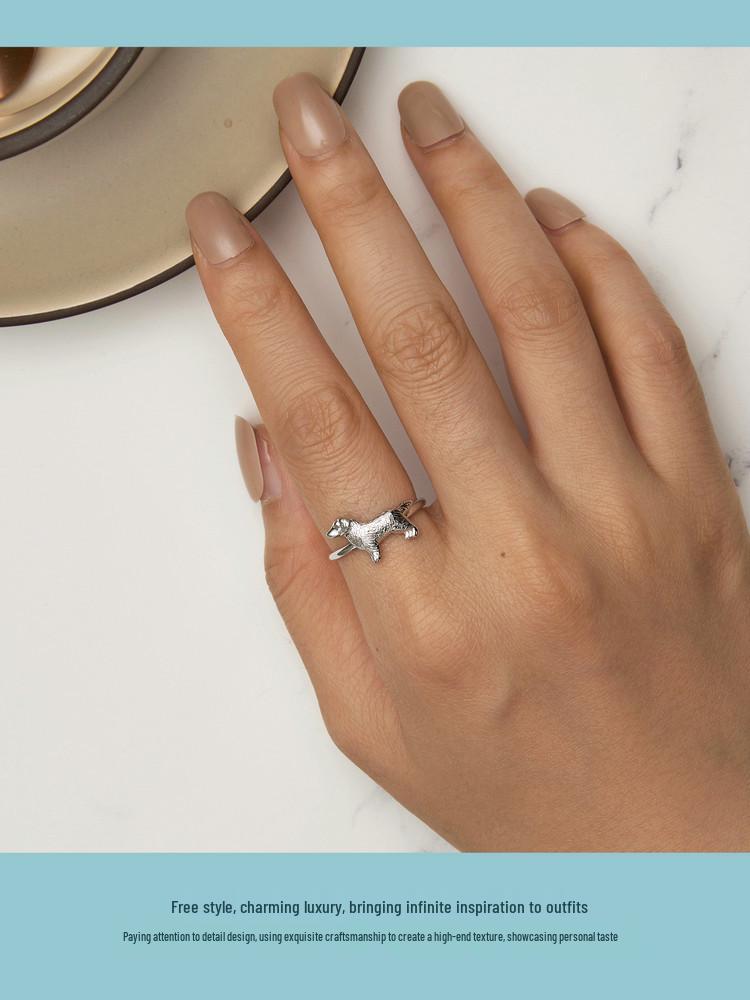 Yinziyun Cute Golden Retriever Puppy Open Ring - 925 Sterling Silver for Men & Women