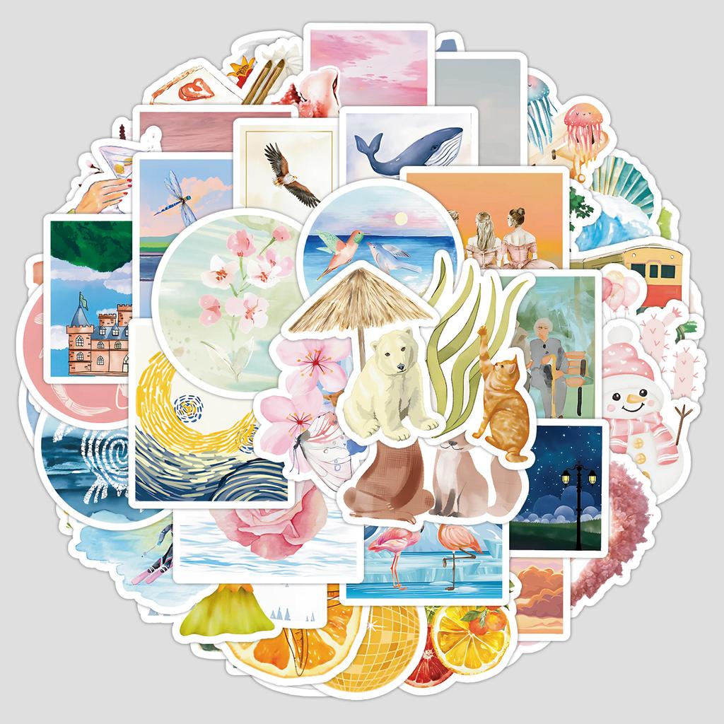 50 Watercolor Aesthetic Graffiti Stickers Computer Suitcase Waterproof Decorative Stickers Creative DIY Aesthetic Stickers