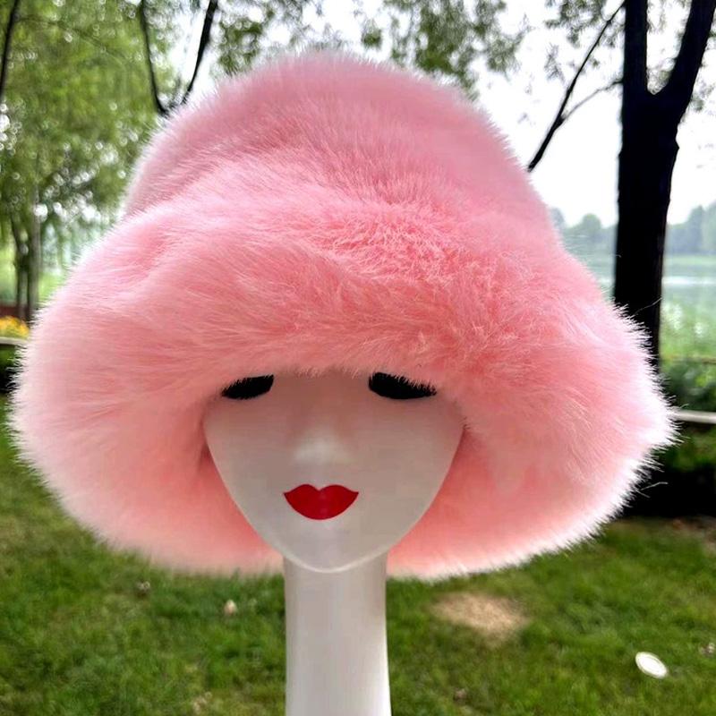 1PC Bucket Hat for Women Thick Plush Winter Faux Fur Fashion Fisherman Cap Furry Luxury