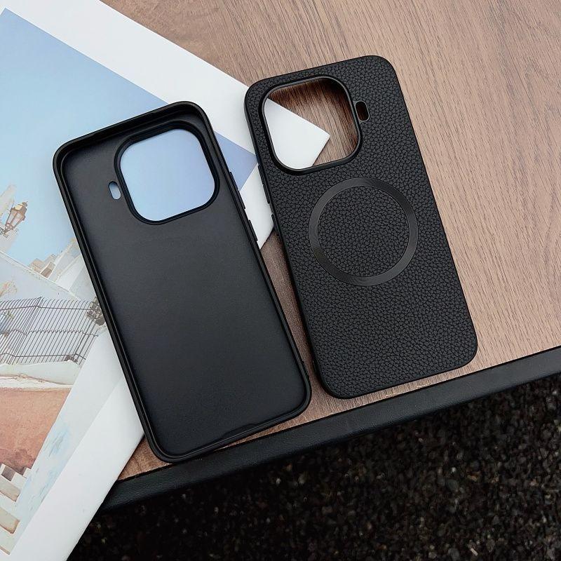 Business Unifarbene Lychee-Muster Lederhülle für Xiaomi 17T Pro Max 15Ultra Schlank Rutschfest Stoßfest für MagSafe Hülle Funda