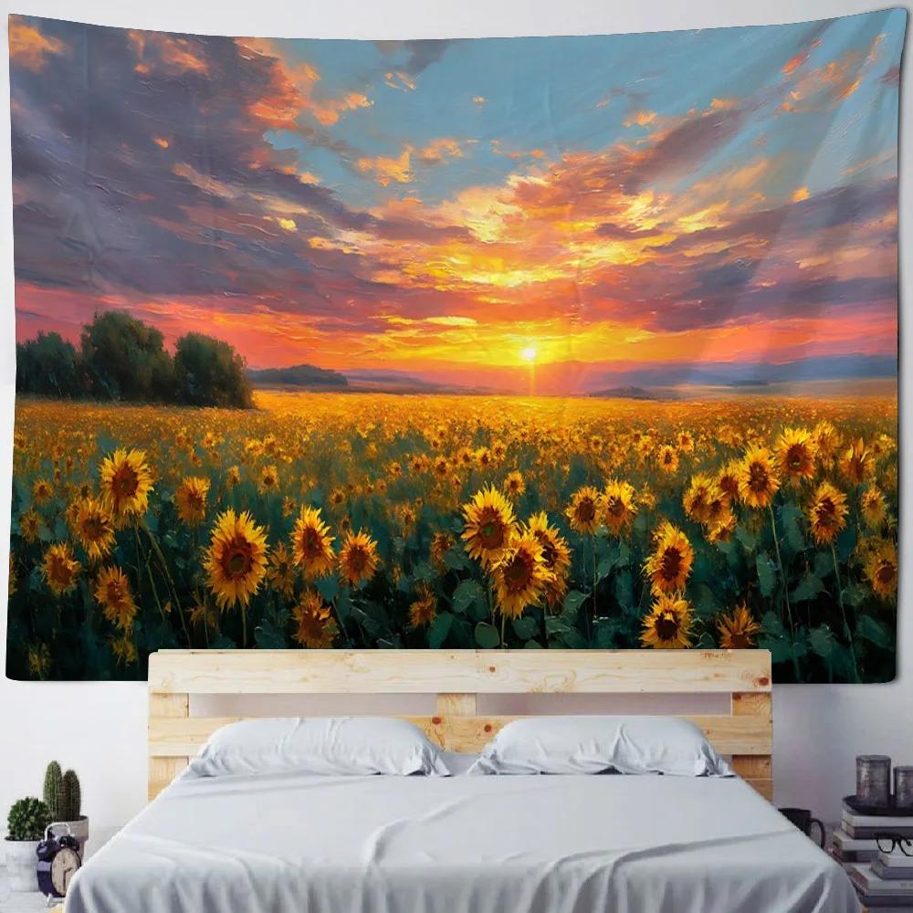 Sunflower Oil Painting Tapestry - Living Room Wall Hanging Art Music Party Background Aesthetic Home Decor