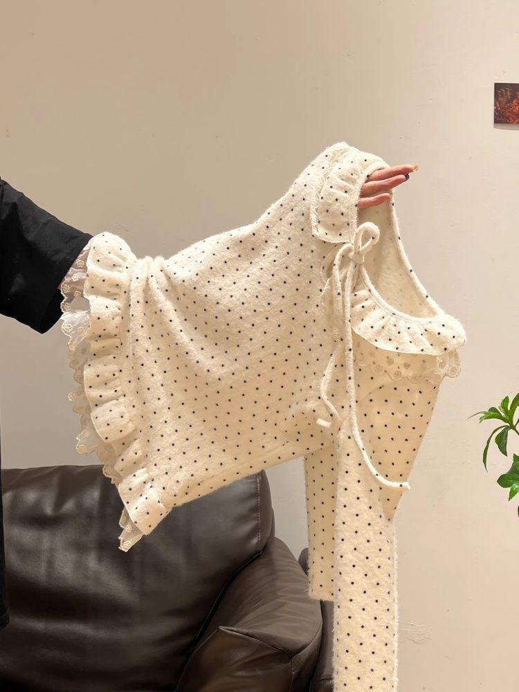 Stylish Slimming Velvet Polka Dot Long Sleeve Round Neck Top