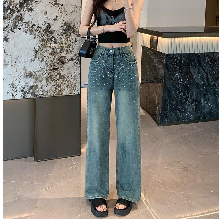 

Европейские весенне-летние джинсы прямого кроя с серебряной цепочкой, стразами в виде звезд и градиентной варкой XXL синий