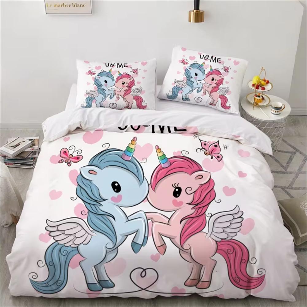 Children Bedding Sets Gifts Unicorn and Colorful Horse Printing Duvet Cover Sets for Kids Girls Boys 2/3 Pcs Single Pink Quilts