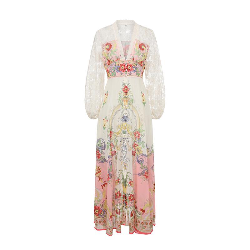 2026 Spring/Summer Resort-Style V-Neck Puff Sleeve Lace-Panel Printed Long Maxi Dress S розовый