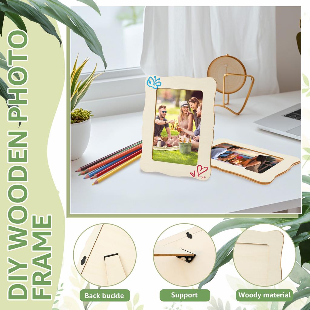 10Pcs Unfinished Wooden Frames Wavy/Rectangle Photo Holder DIY Painting Crafts Photo Display Stand Home Office Desktop Decor