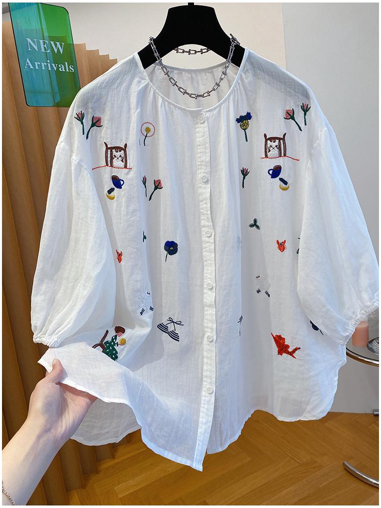 Women's Unique Embroidery Ramie Top - Extra Large, Lightweight, Chic, and Stylish for Summer 2026