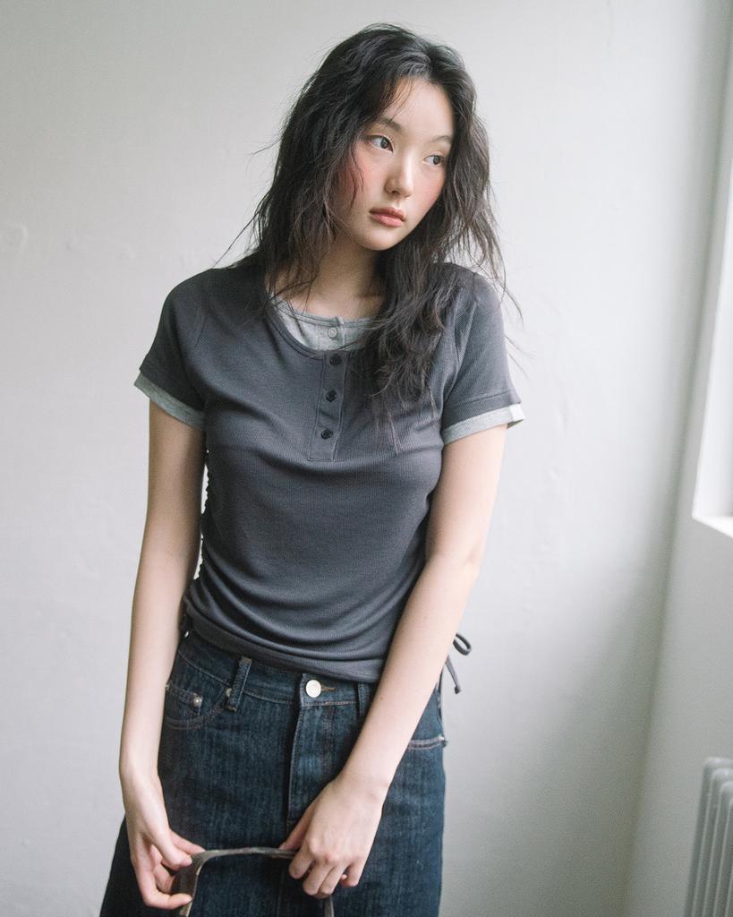 HAVISM Double Henley Neck S/S Tee(Charcoal)
