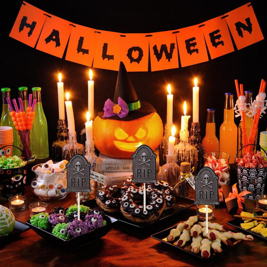 48Pcs Spookys Graveyard Cake Decorations Tombstones Cupcake Toppers And Mini Shovel Spoons For Halloween Treats