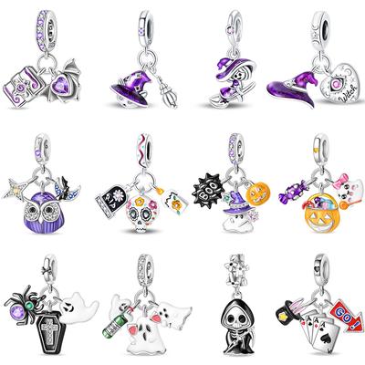 Original Halloween Jewelry Exquisite 925 Silver Glow In The Dark Skull Pumpkin Elves Bat Owl Charms Beads Fit DIY Bracelets