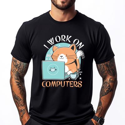 Funny Cat And Computer Laptop Pet Lovers I Work On Computers Streetwear Luxury T-Shirt Valentines Day