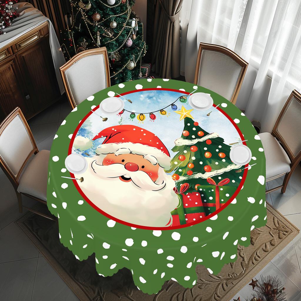 1 kus vánočního kulatého a obdélníkového ubrusu, různé velikosti, potisk Santa Clause a vánočního stromku, zelený ubrus se zelenými puntíky, S