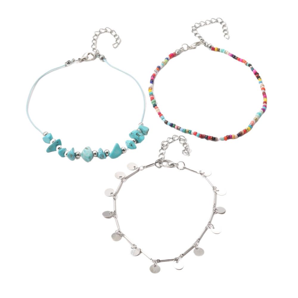Accessories Bohemian Colored Rice Bead Anklet, Creative Metal Disc Pendant Anklet