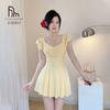 Seaside One-piece Swimsuit Women's High-end Flying Sleeves Square Collar Slimming Conservative Skirt Solid Color Small Chest Gathers Slightly Fat